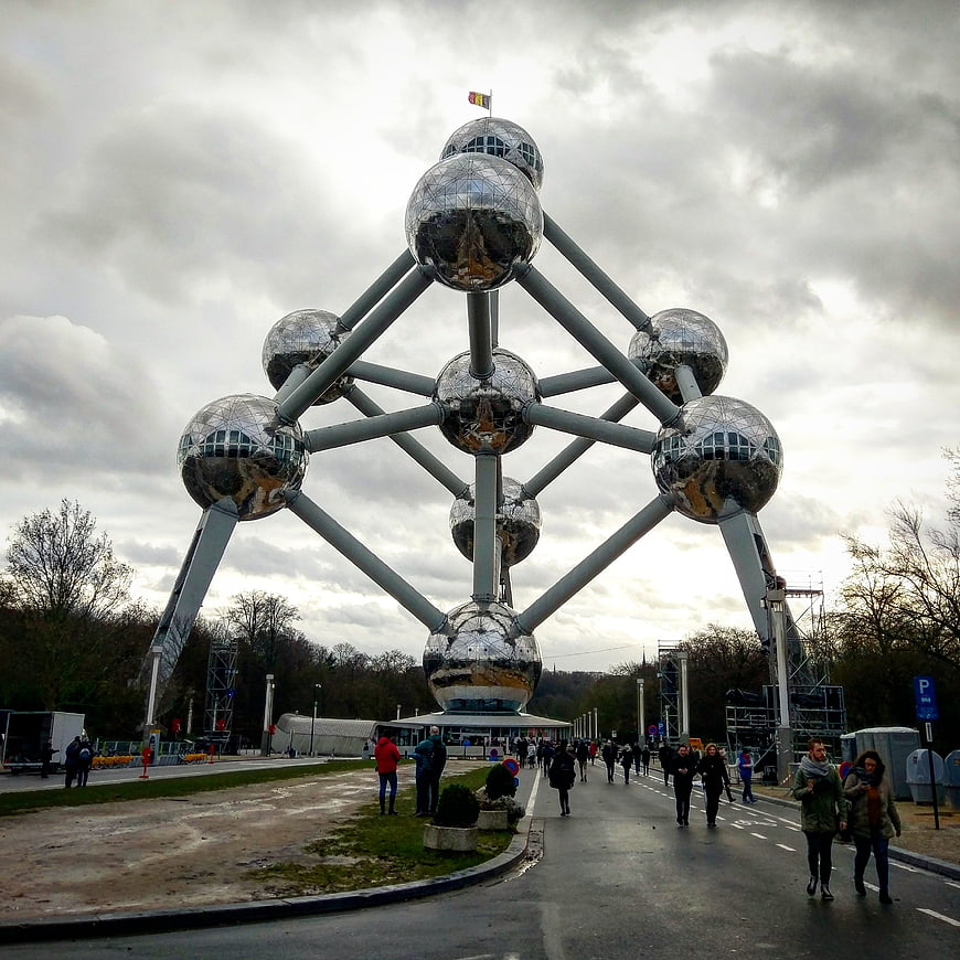 Atomium landmark in Brussels under cloudy sky