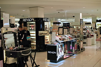 Revlon cosmetics counter display in a department store