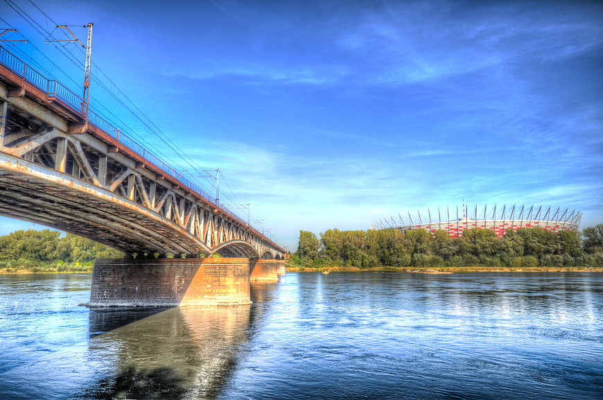 Warsaw Railway Bridge and National Stadium over Vistula River