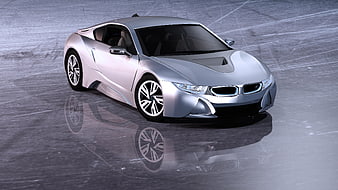Silver BMW i8 Concept Car on Reflective Surface