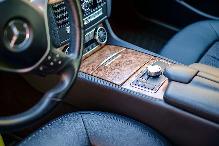 Luxury Mercedes-Benz Interior with Wood Trim and Leather Seats