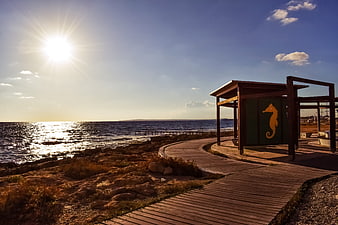 Wooden boardwalk path leading to seaside kiosk with seahorse logo