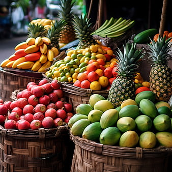 Colorful tropical fruit market display in woven baskets