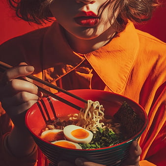 Woman Eating Ramen Noodles with Soft Boiled Eggs