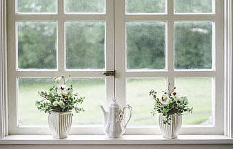 White ceramic teapot and floral arrangements on a window sill