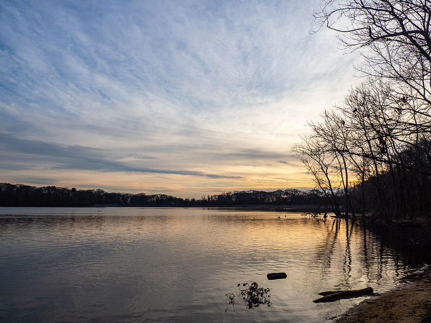 Serene Lake Sunset with Silhouetted Trees and Cloudy Sky