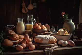 Rustic still life of fresh bread, eggs, cheese, and milk on a wooden table