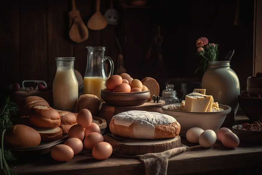 Rustic still life of fresh bread, eggs, cheese, and milk on a wooden table
