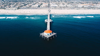 Aerial View of Manhattan Beach Pier and Ocean