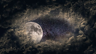 Full Moon and Milky Way Through Dramatic Night Clouds