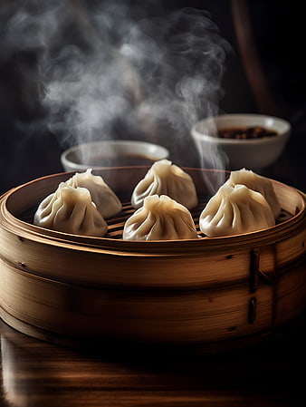 Steaming Chinese dumplings in bamboo steamer