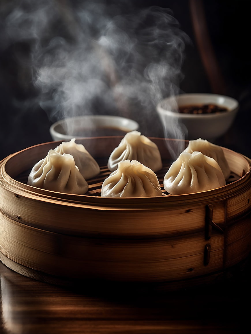 Steaming Chinese dumplings in bamboo steamer