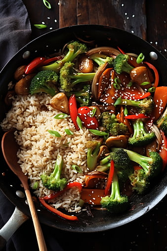 Overhead View of Vegetable Stir-Fry with Rice in Pan