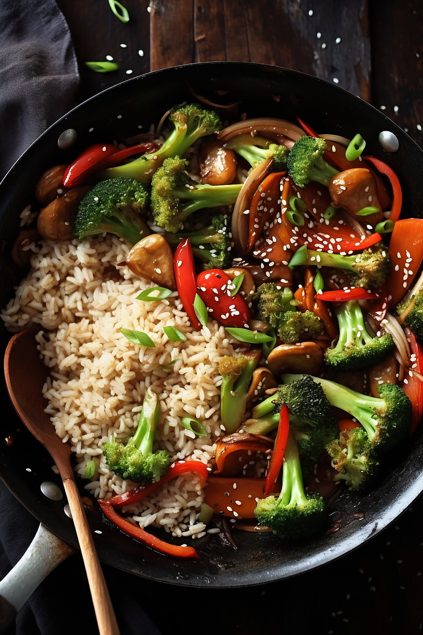 Overhead View of Vegetable Stir-Fry with Rice in Pan