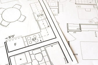Close-up of architectural floor plan blueprints on paper