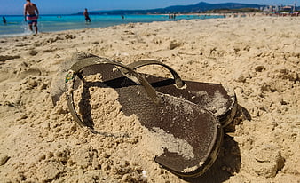 Brown flip-flops buried in sand on sunny beach