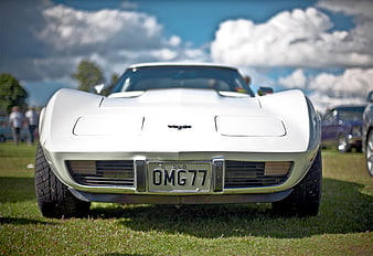 Front view of white classic Corvette Stingray on grass