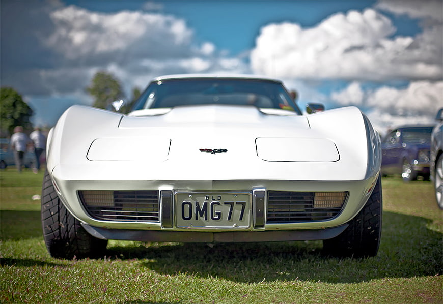 Front view of white classic Corvette Stingray on grass