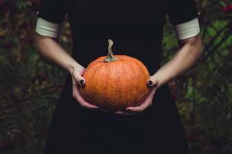 Woman holding orange pumpkin in autumn garden