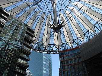 Low angle view of Sony Center glass dome in Berlin