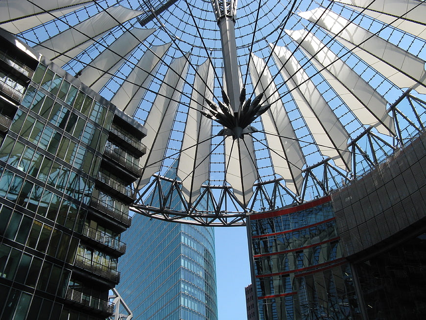 Low angle view of Sony Center glass dome in Berlin