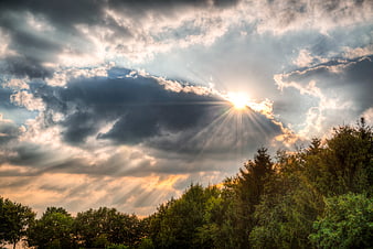 Dramatic sun rays breaking through dark storm clouds over forest
