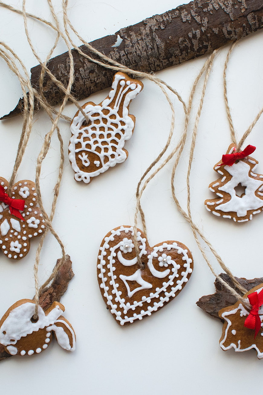 Homemade Gingerbread Cookies Hanging on Twine Branch