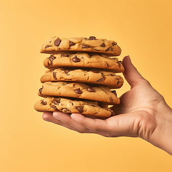 Hand Holding Stack of Chocolate Chip Cookies on Yellow Background