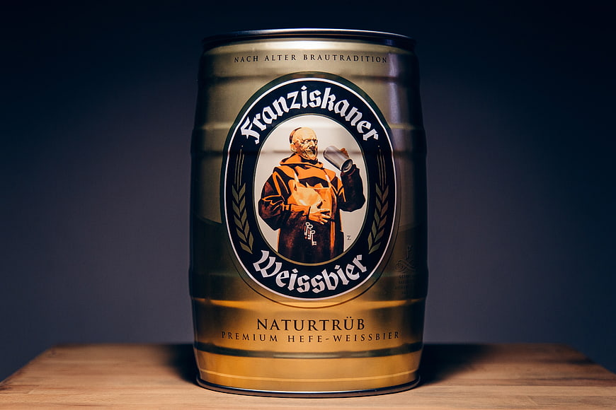 Franziskaner Weissbeer Mini Barrel on Wooden Table