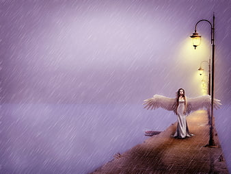 Angel Woman With Wings Standing On Rainy Pier At Night