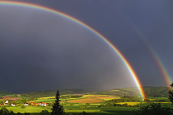 Double Rainbow Over Green Countryside Landscape