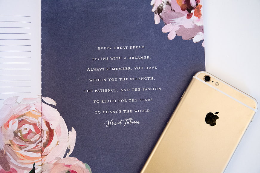 Inspirational Quote in Floral Notebook with Gold Smartphone