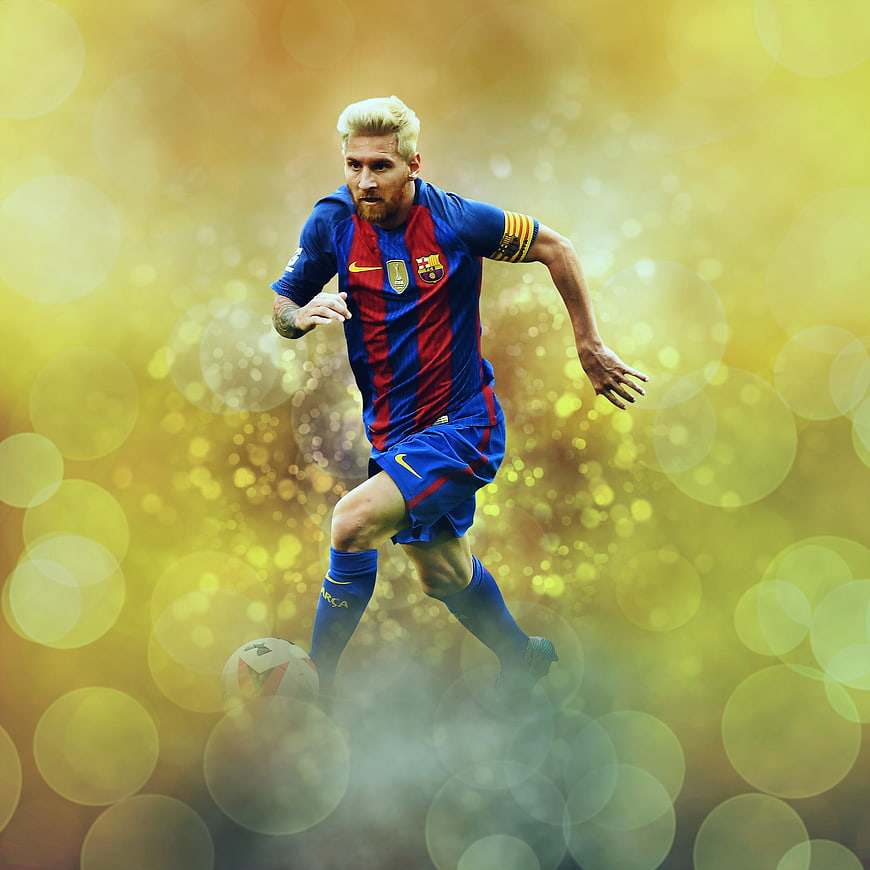 Lionel Messi in FC Barcelona Kit with Golden Bokeh Background