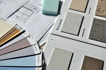 Interior Design Materials: Color Swatches, Stone Samples, and Blueprints