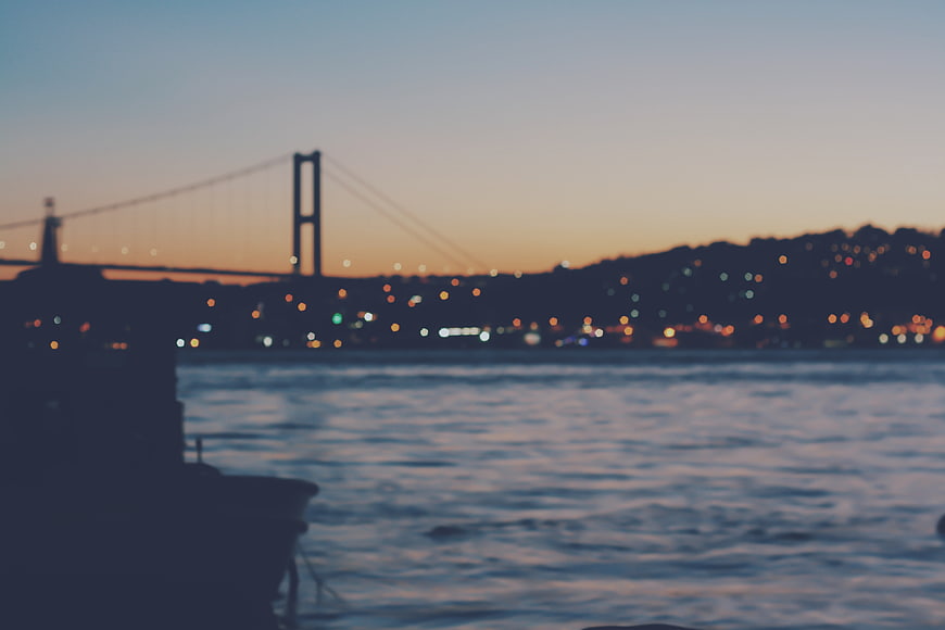 Blurred Sunset View of Suspension Bridge and City Lights