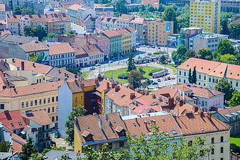 Aerial View of Colorful Brno Cityscape with Trams
