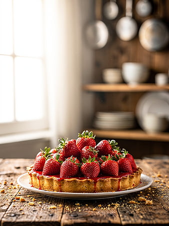 Fresh Strawberry Tart on Rustic Wooden Table