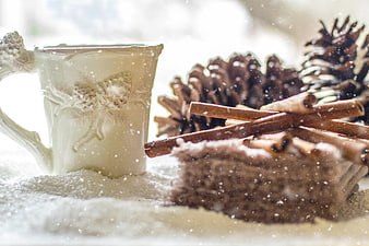 Cozy winter scene with cinnamon cake, pine cones, and mug in snow
