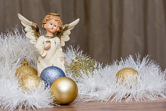 Vintage Christmas Angel Figurine With Gold And Blue Ornaments