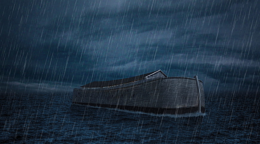 Noah's Ark in a Dark Stormy Ocean with Heavy Rain