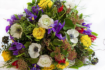 Vibrant Spring Flower Bouquet With White, Yellow, Purple, And Red Blooms