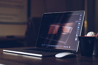 Laptop on Wooden Desk with Mouse and Plant