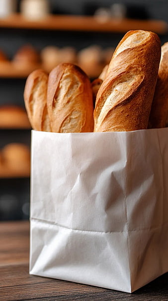 Fresh Baguettes in White Paper Bag on Wooden Table
