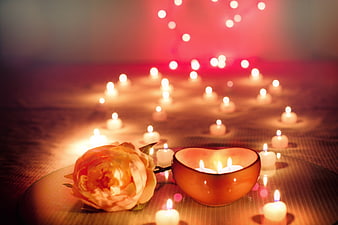 Romantic Heart Candle and Rose with Bokeh Lights