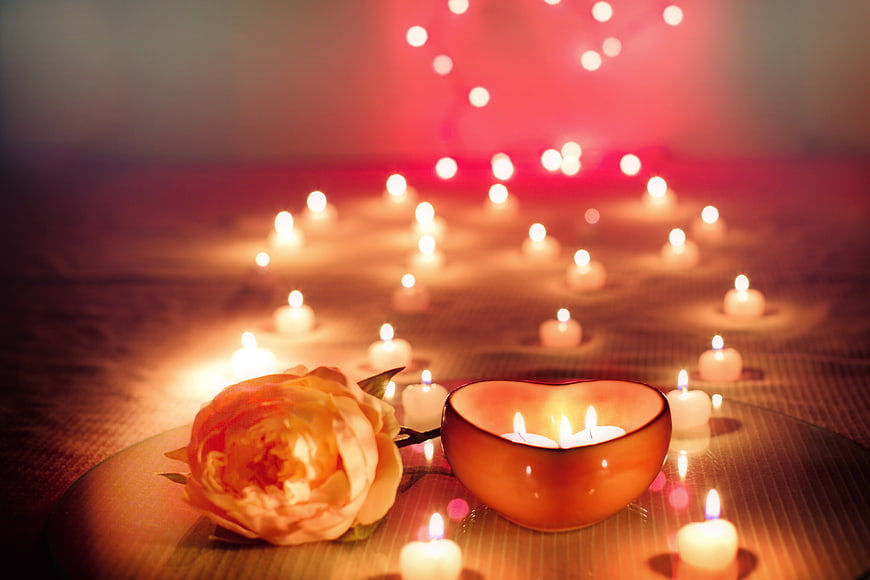 Romantic Heart Candle and Rose with Bokeh Lights
