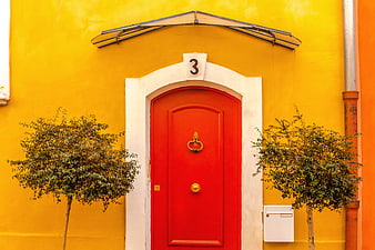 Vibrant Red Door on Yellow Wall with Symmetrical Bushes