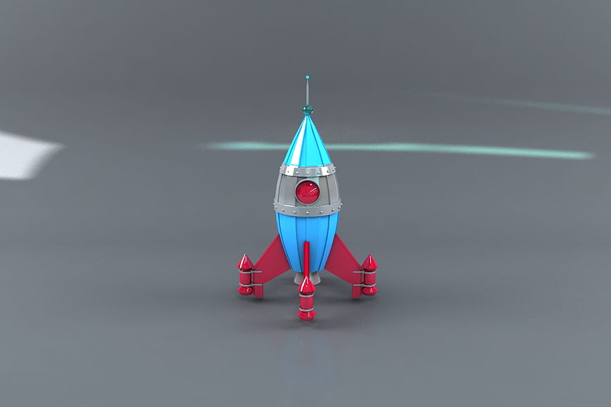3D Render of Cute Blue and Red Toy Rocket Ship