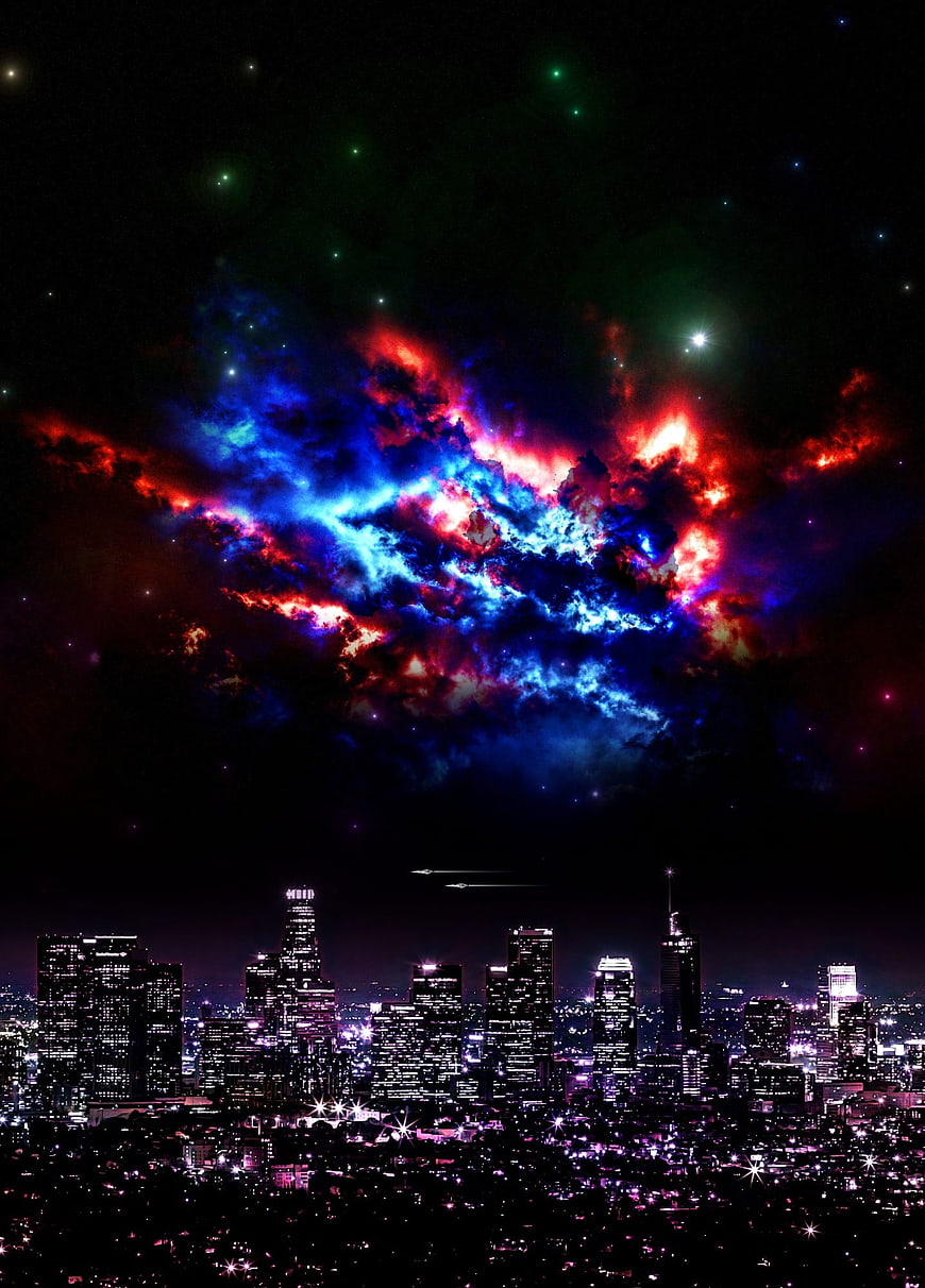 Futuristic city skyline with vibrant red and blue nebula clouds
