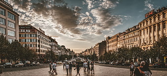 Wenceslas Square Prague Cityscape at Sunset with Pedestrians