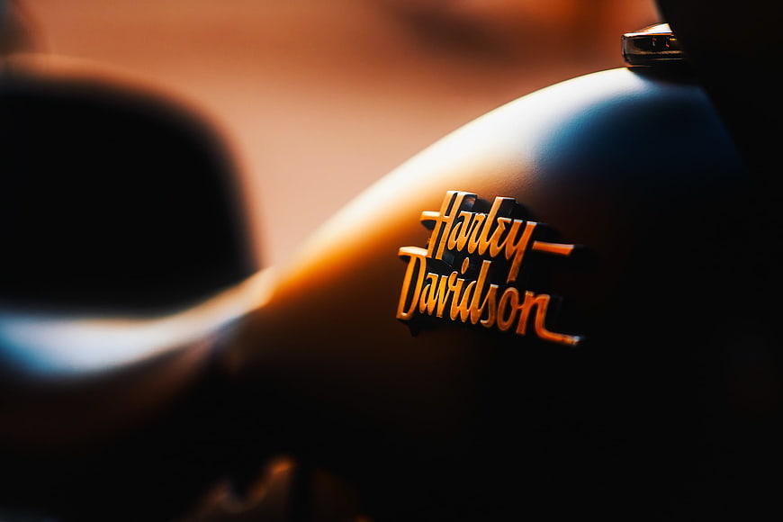 Close-up of Harley-Davidson Emblem on Motorcycle Tank